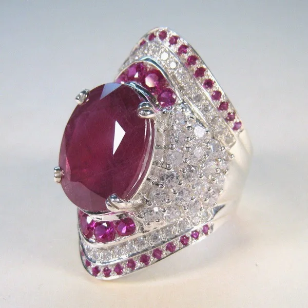 

925 Silver Zircon Rings Big Red Stone and Shiny Small Zircon Wedding Ring for Women Fashion Jewelry