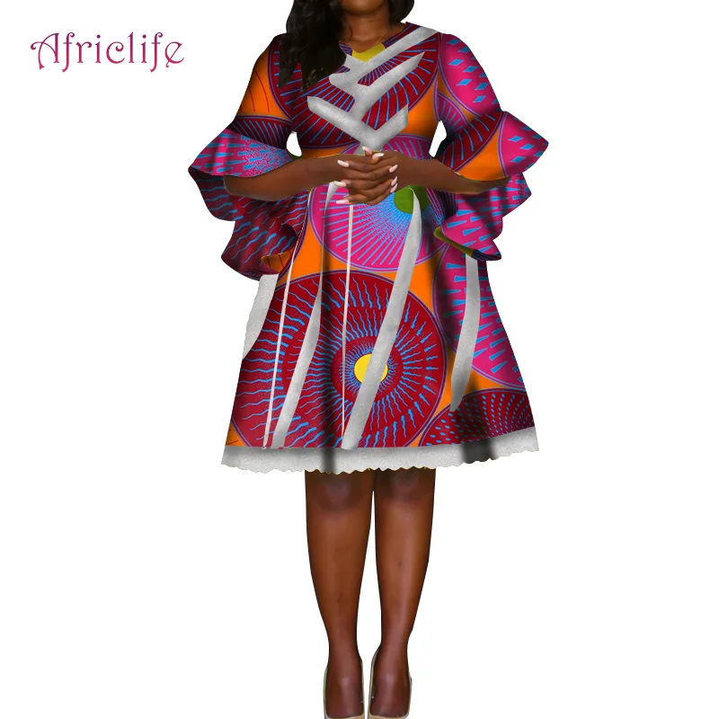 Кружевная Лоскутная африканская ткань с принтом, 100% хлопок, модные платья для женщин, v-образный вырез, Середина рукава, Юбка До Колена