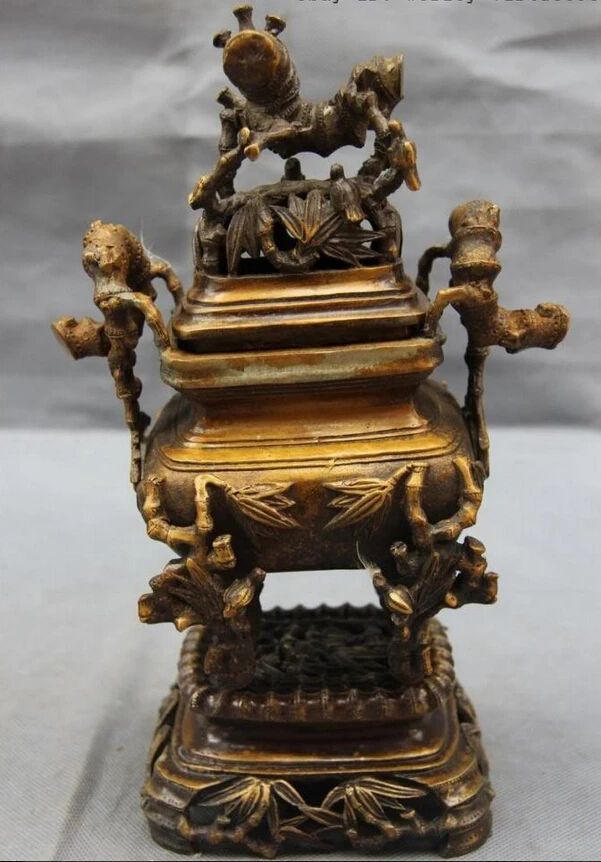 

Elegant old S0795 China Folk Elegant Copper Bronze Bamboo pole aromatherapy incense burner Censer statue