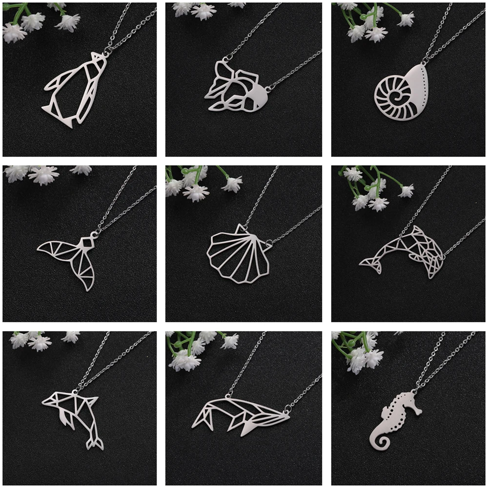 

Teamer Sea Animal Pendant Necklace Women Cute Whale Tail Goldfish Shell Dolphin Penguin Seahorse Stainless Steel Beach Jewelry