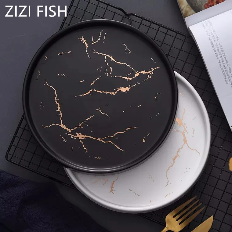 

8 inches Nordic gold marble dishes Western steak dishes Home pattern ceramic dish dishes marble plate dinner plate platter