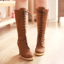 Lace-Up Square heel Fashion Women Boots Flock Shoes Platform boots for Women Motorcycle Winter Shoes Mid-Calf women big цена Lace-Up Square heel Fashion Women Boots Flock Shoes Platform boots for Women Motorcycle Winter Shoes Mid-Calf women big цены онлайн