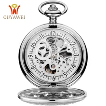 Antique Skeleton Mechanical steampunk Pocket Watch vintage gift Men Chain Necklace Casual Pocket Fob OUYAWEI Luxury watch