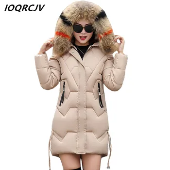 

IOQRCJV Womens Winter Cotton Jacket 2018 Woman Long Parka Jacket Female Coats Fake Fur Collar Hooded Slim Outwears F136