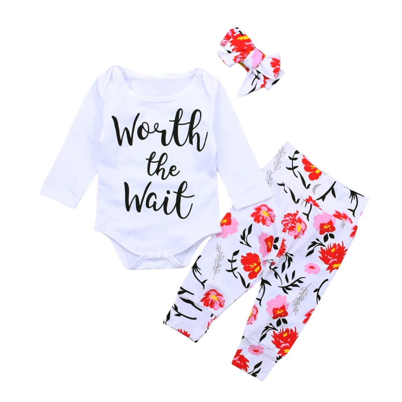 Newborn Baby Girls Cotton Clothes Autumn Romper+Floral Pants Long Outfit Set US