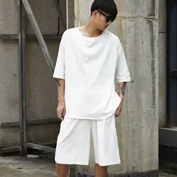 Мужское хлопковое белье Комплект из 2 предметов (футболка + Шорты) мужской уличной хип-хоп Повседневное Футболка Широкие брюки Шорты Белый