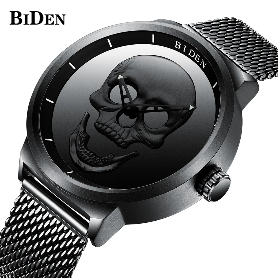 

Black Punk Skeleton Skull Sports Quartz Watches BIDEN Men Watch Army Military Watch Men Top Brand Luxury relogio masculino