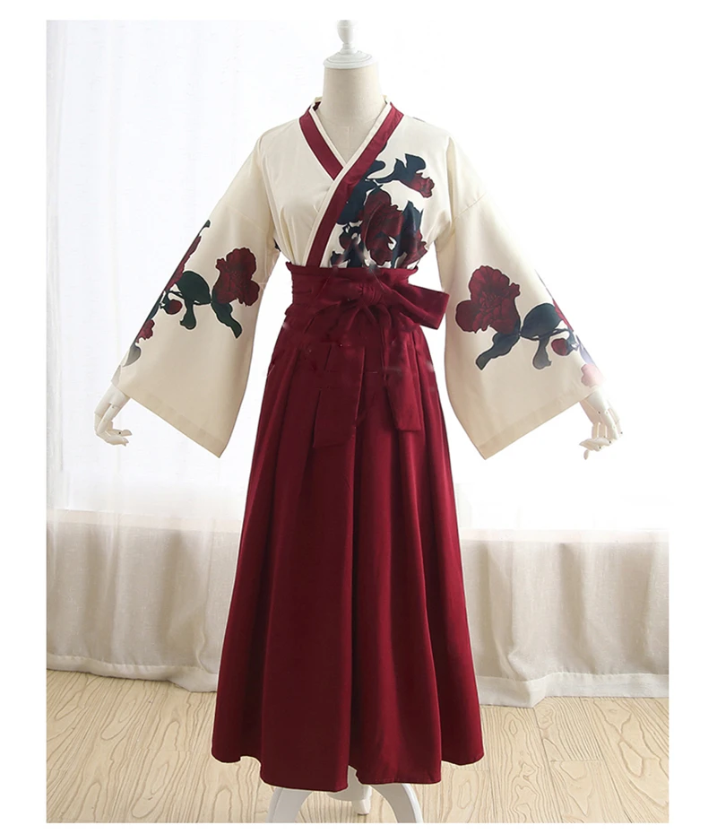 Японский стиль, ретро-кимоно Haori, цветочный принт, длинный рукав, женские вечерние платья для косплея, летняя модная одежда, юбка с бантом, распродажа