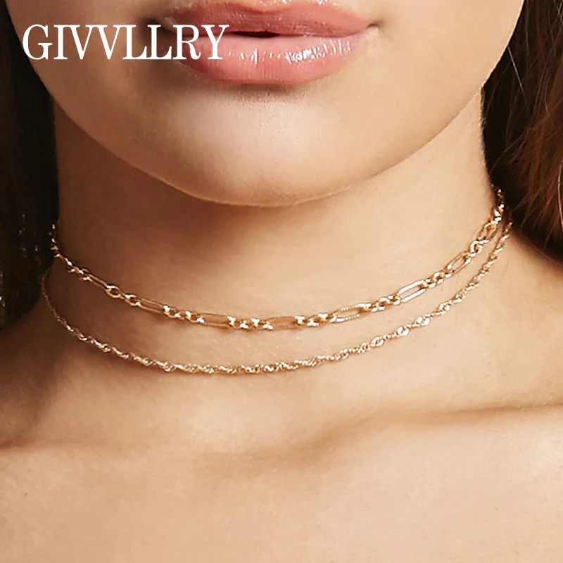 

GIVVLLRY Elegant Collar Choker Necklace Fashion Jewelry Minimalist Gold Silver Color 2 Layered Handmade Chain Necklace for Women