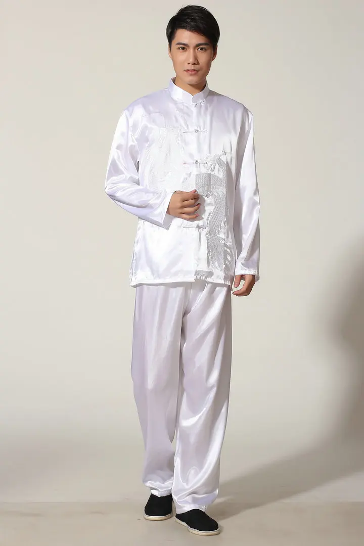 Шелковый длинный рукав мужской костюм Тан Топ Кунг фу Тай Чи комплект одежды Униформа Рубашка блузка брюки традиционная китайская одежда