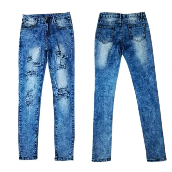 Женские джинсы эластичные Slim Fit отверстия длинные узкие брюки HSJ88