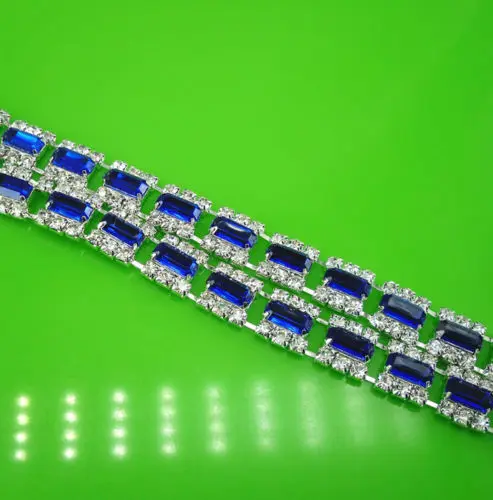 costume applique facted vertical 5x10mm resin 3mm glass crystal rhinestones silver claw chain clothes wedding decorations 10cm - Цвет: sapphire blue