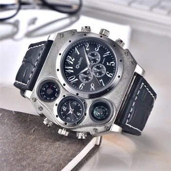 

Oulm Super Large Big Watch Male Quartz Clock Unique Design Two Time Zone Decorative Thermometer Compass Men Sport Wristwatch