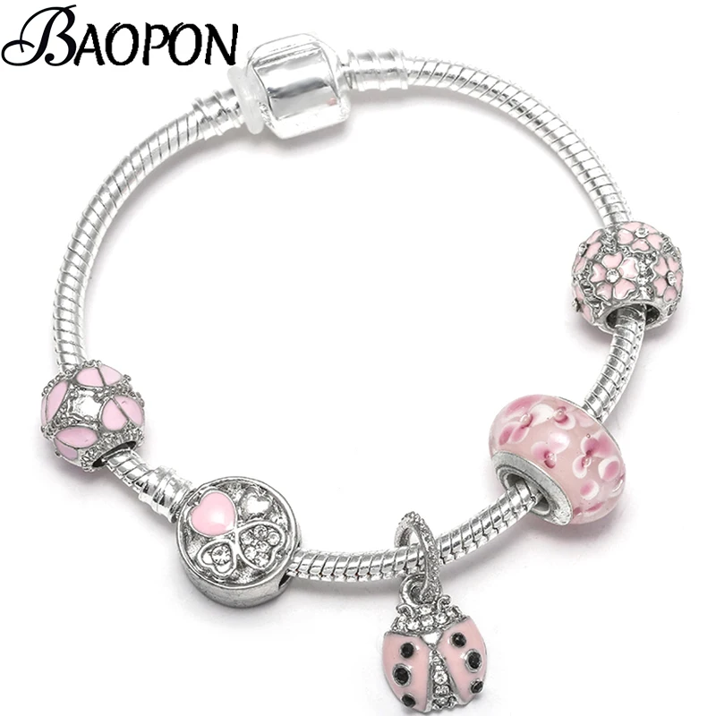 Romantic Ladybug Pendant Silver Charm Bracelets With Pink Crystal Beads Fine Bracelets Bangles For Women Kids Jewelry Gifts