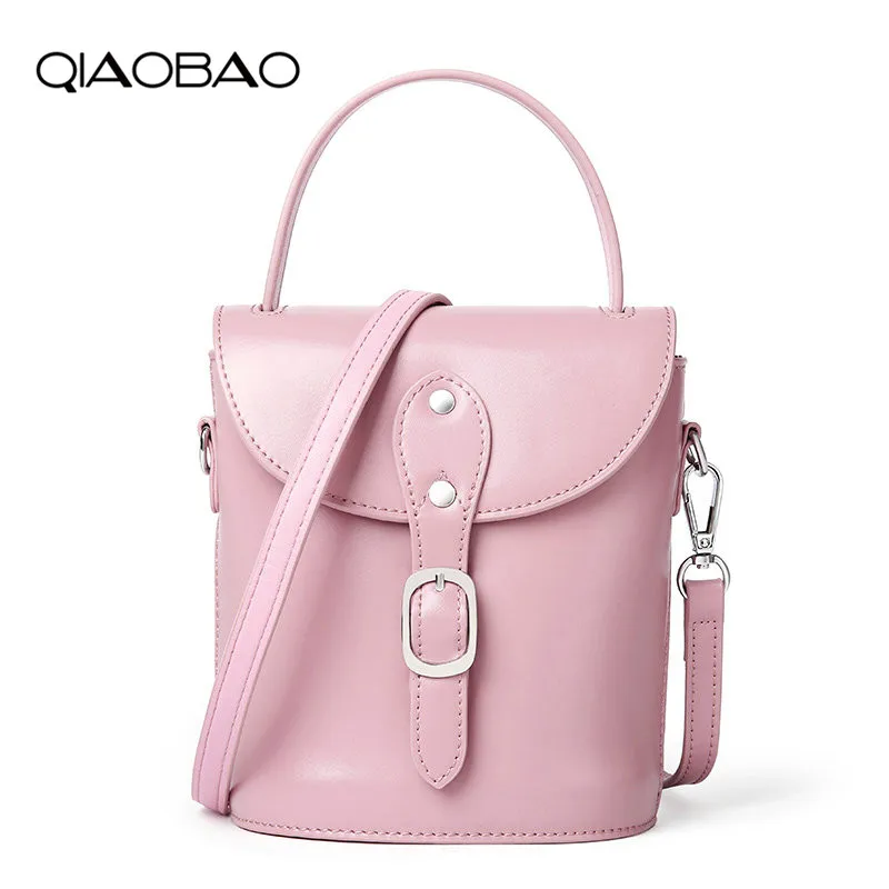 

QIAOBAO 2018 New Women fashion wild handbag casual genuine leather Messenger mini bucket bag shoulder bag lady cowhide tote bag