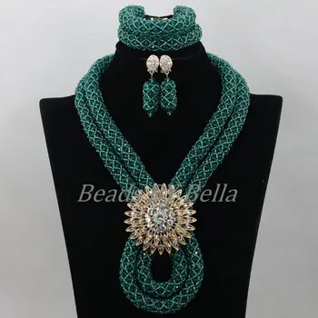 

Teal Green Women Christmas Gift Nigerian Wedding African Beads Jewelry Set Braid Crystal Beads Necklace New Free Shipping ABF844