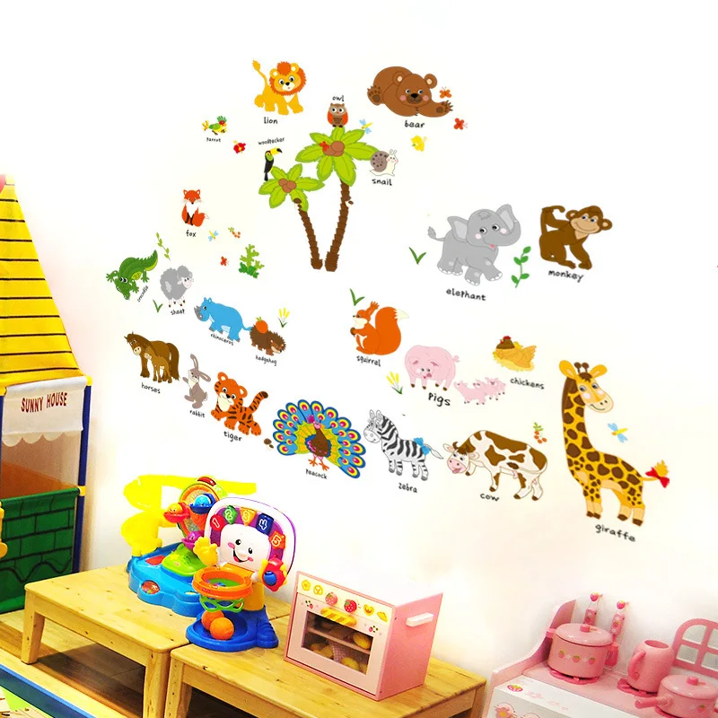 Zoo Cartoon Animal Zebra Tiger wall sticker PVC Environmental decals For Living room Children's bedroom decor | Дом и сад