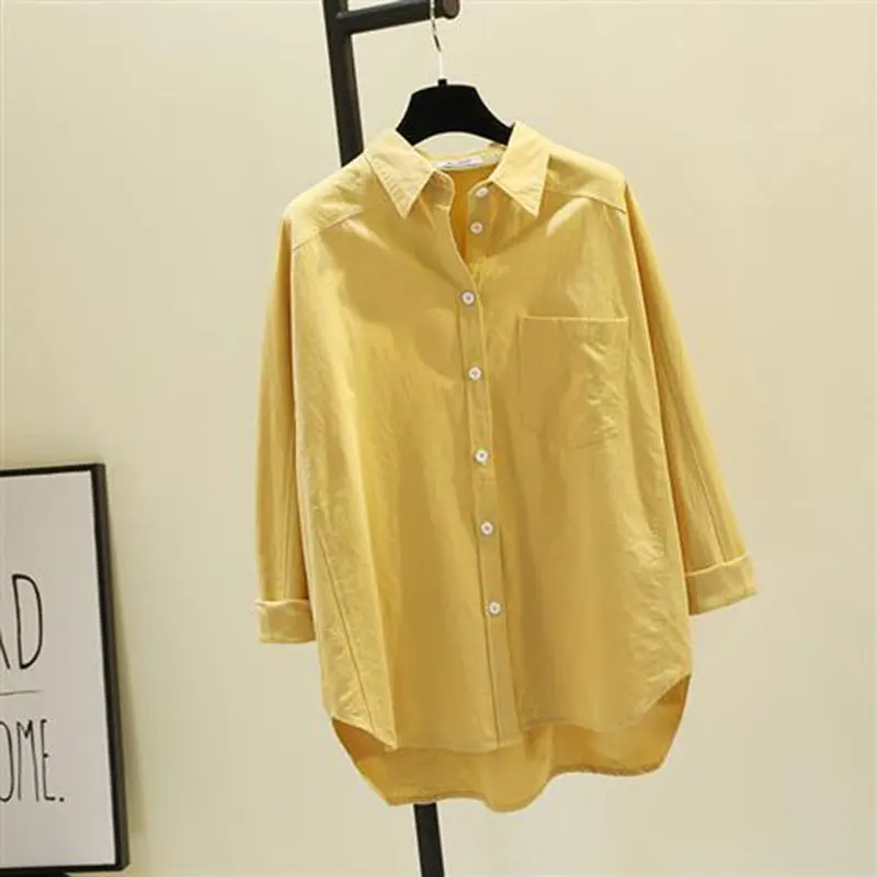 

100% Cotton Women Shirt Plus Size Spring Loose Casual Long Sleeve Blouse Pink,White,Blue,Yellow Ladies Blouses Long Tops D75