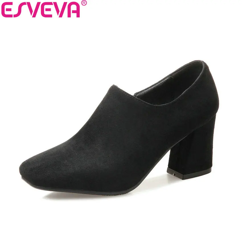 

ESVEVA 2018 Women Pumps Zipper Casual Comfortable To Wear Square High Heels Flock Square Toe Lace Up Ladies Shoes Size 34-43
