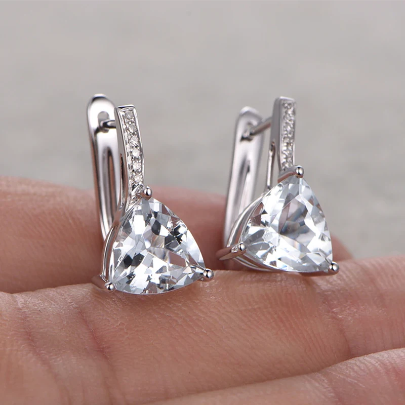 

Sea Blue Crystal Earrings and Zircon Hook White Gold Color Trillion Cut March Birthstone Women's Fashion Wedding Jewelry