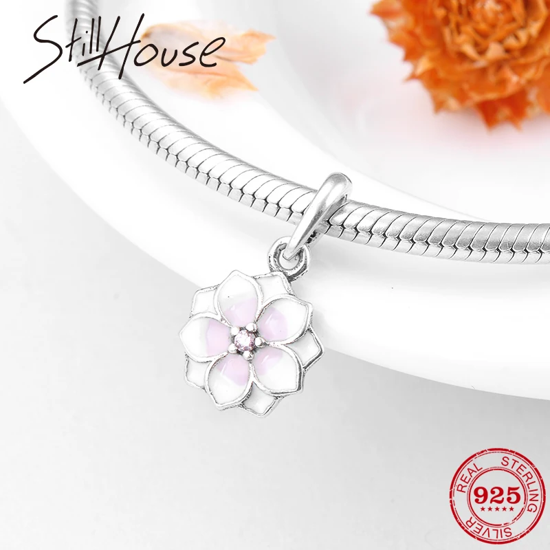 

Real 925 Sterling Silver Pink and white Flower Pendant Enamel Charms Fit Original Pandora Charm Bracelet Necklace Making