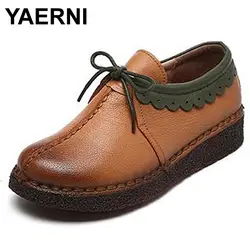 YAERNI/Женская обувь из натуральной кожи на плоской подошве, повседневная обувь на шнуровке с круглым носком в стиле ретро, высокое качество