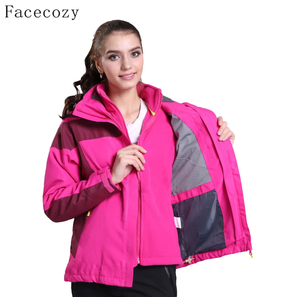 Facecozy для мужчин и женщин, зимняя ветрозащитная флисовая куртка, осенняя пара, 2 штуки, пэтчворк дизайн, плотное пальто для пеших прогулок - Цвет: women pink