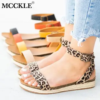 

MCCKLE Summer Women Leopard Sandals Ankle Buckle Hemp Platform Female Peep Toe Sandals Ladies Retro Comfortable Casual Shoes