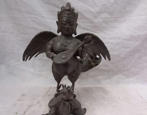 

JP S62 10" Chinese Pure Bronze Buddhism Garuda Redpoll Buddha Ride Dragon Turtle Statue