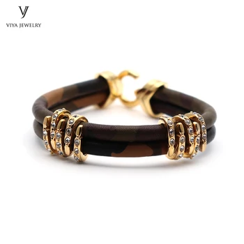 

New Arrival Unique Camouflage Leather Men Bracelet Two Hand-wrapped Army Green CAMO Cow Leather Cords With Steel Clasp Embellish