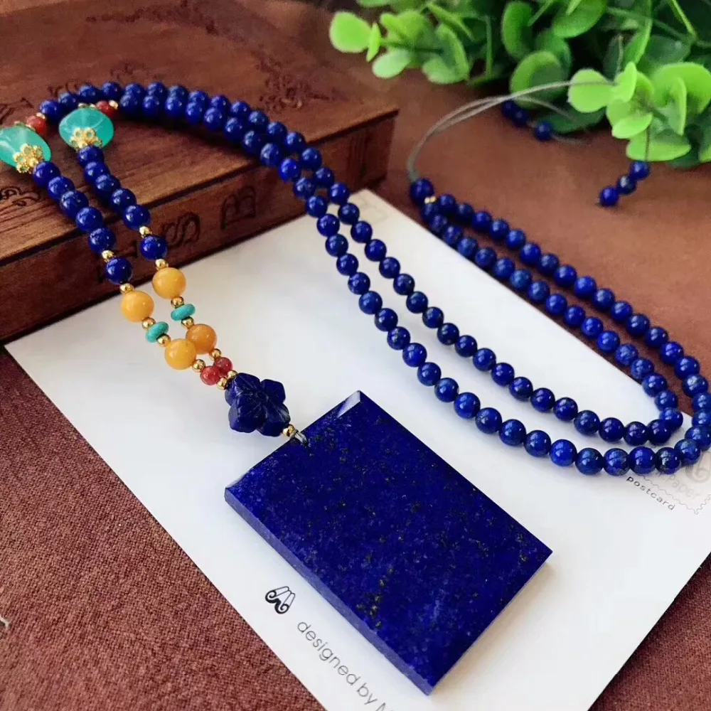 

Genuine Natural Royal Blue Lapis Lazuli Rectangle Craved Pendant 44x32x4mm Gemstone Woman Man Crystal Beads Necklace AAAAAA