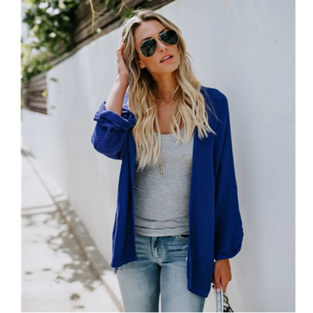 Cardigan Women Collarless Long Sleeve Solid Color Knitted Open Stitch Female Cardigan Knit Sweater Spring Autumn Casual Clothing 3