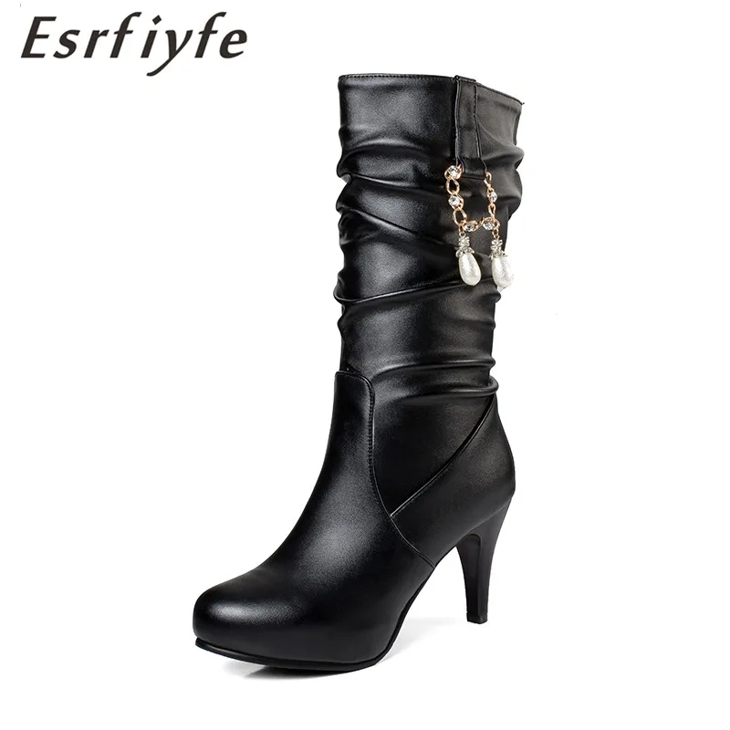 

ESRFIYFE Large Size 2018 New Arrive Mid Calf Women Boots Black White Thin Heels Platform Half Boots Autumn Winter Shoes Woman