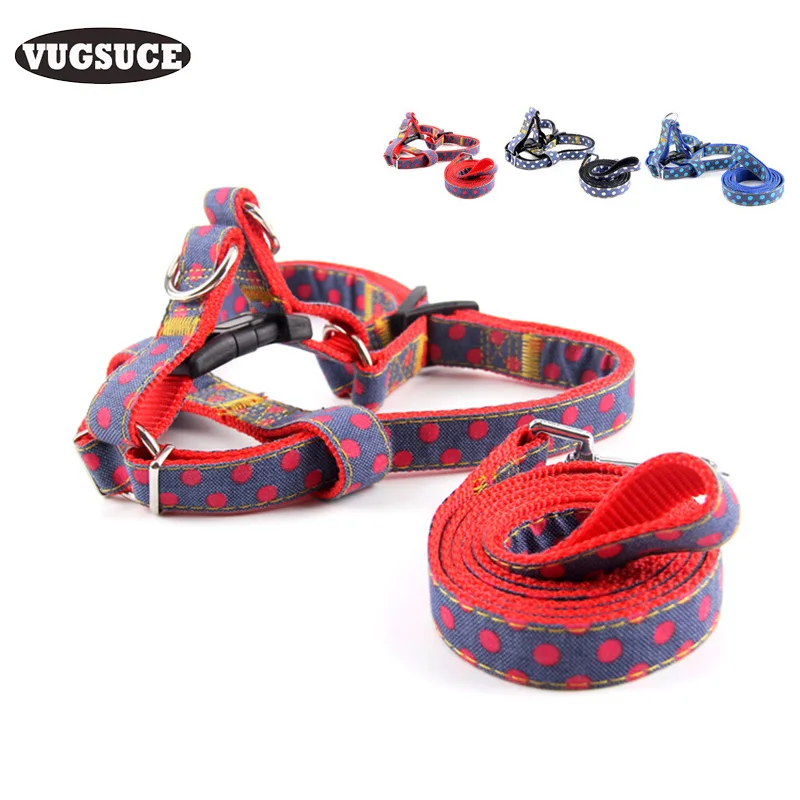 

VUGSUCE Denim Dog Harness Leash Set for Small Large Dogs Adjustable Spot Pet Dog Strap Rope Leads for Chihuahua Puppy Training