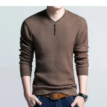 Новая Осенняя мужская однотонная вязаная пуговица для пуловера с длинным рукавом и v-образным вырезом