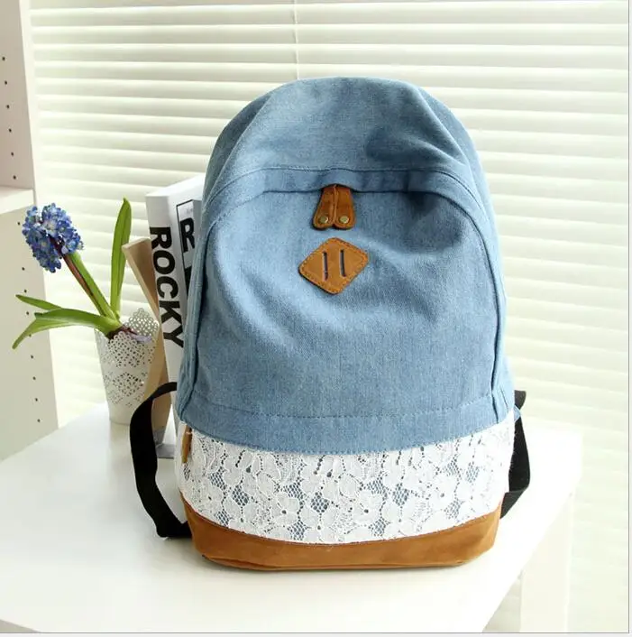 Fashion Floral Lace Denim Canvas Women Bag Backpack School bag For Teenagers Ladies Girl Back Pack