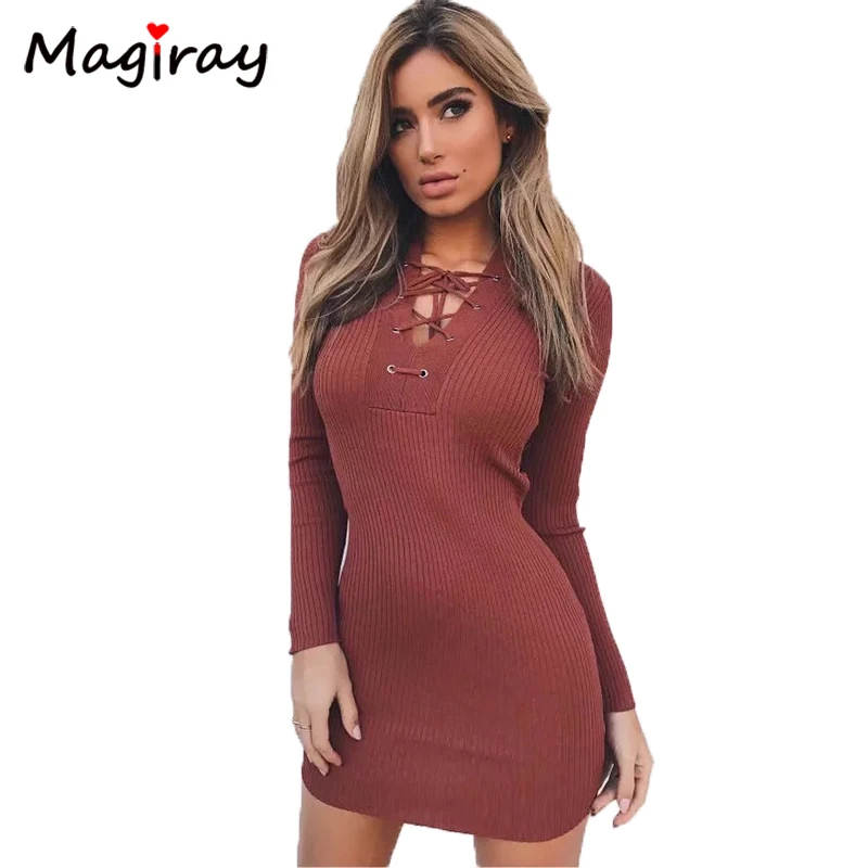 

Magiray Lace Up Bandage Women Dress Knitted V Neck Party Mini Bodycon Dress 2018 Robe Femme Autumn Winter Veatidos Festa C545