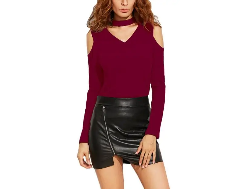

Women Long Sleeve Women Ladies T shirt Casual hollow out Tees Tops V Neck Choker Neck Ribbed T-shirt black white gray