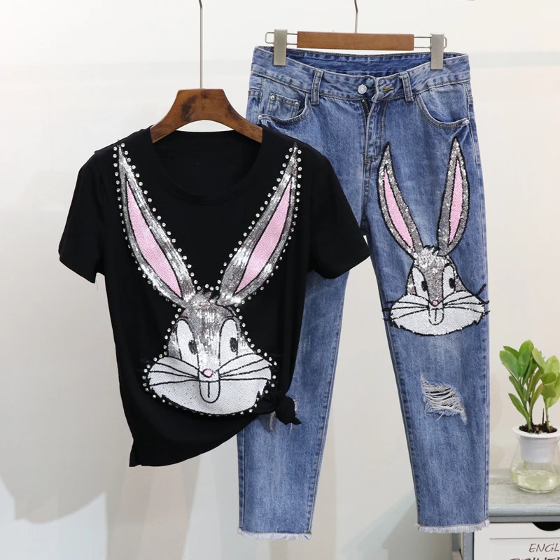 

European Style Sequins Cartoon Rabbit T Shirts + Broken Hole Seven points Jeans Women 2019 Spring New Fashion Casual Pants Suits