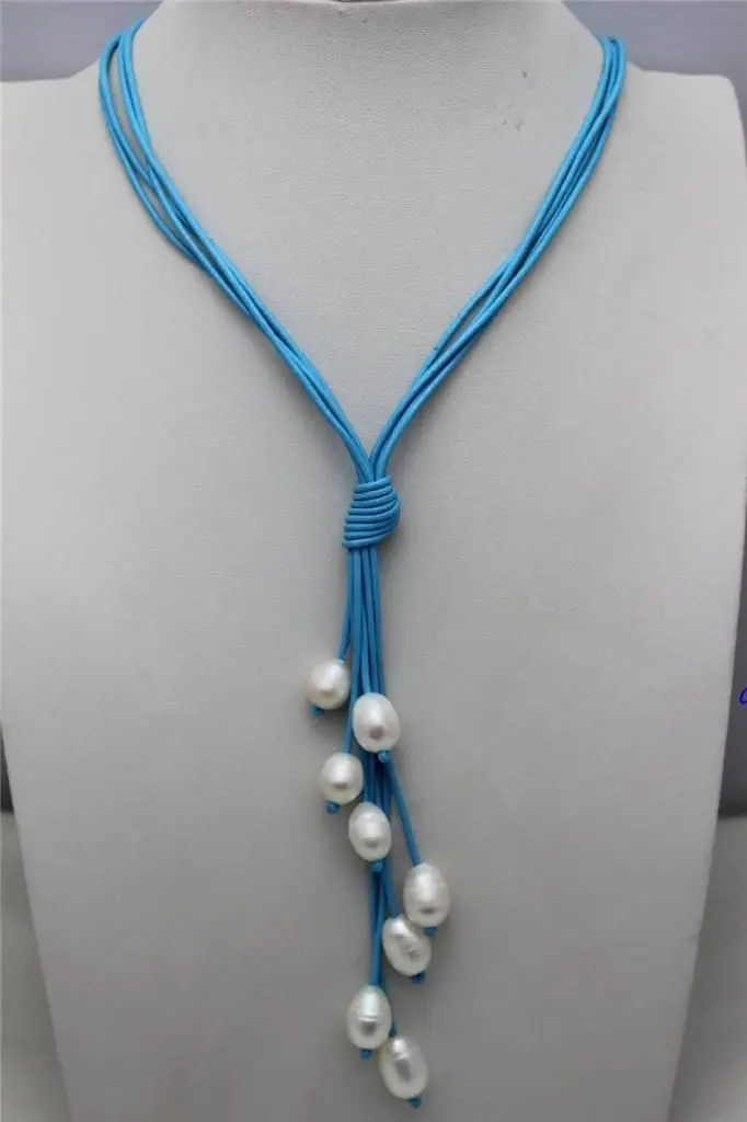 

Hot sell Noble- FREE SHIPPING>>>@@ AS3266 Blue Genuine Leather white Freshwater Pearl necklace Alloy 19" Strand/String 5pc