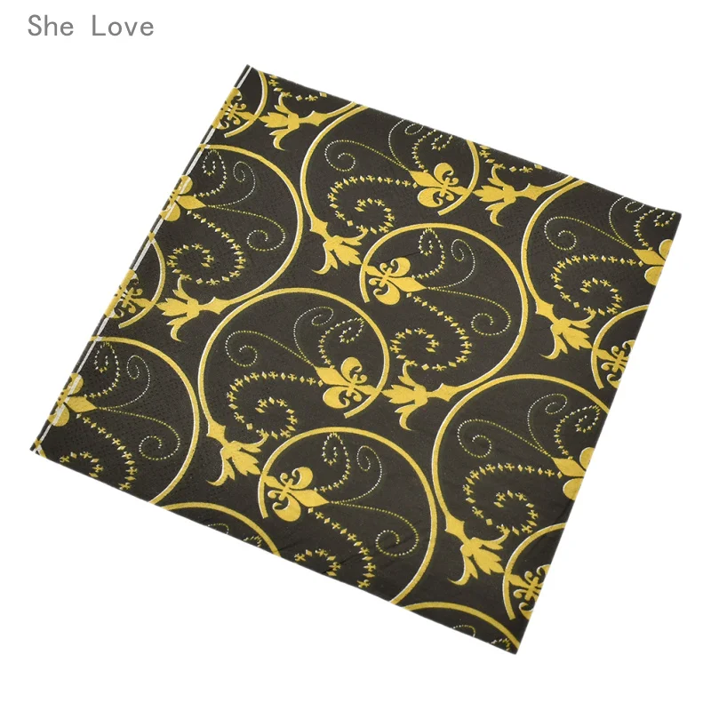 

She Love 20pcs Classic Black Gold Pattern Paper Napkin Party Wood Paper Festive Party Tissue Floral Decoration
