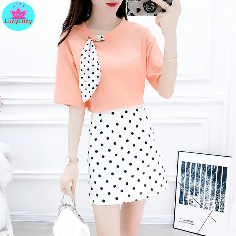 

2019 summer Japanese style suit bow tie cotton T-shirt + high waist was thin wave point A word skirt two-piece suit