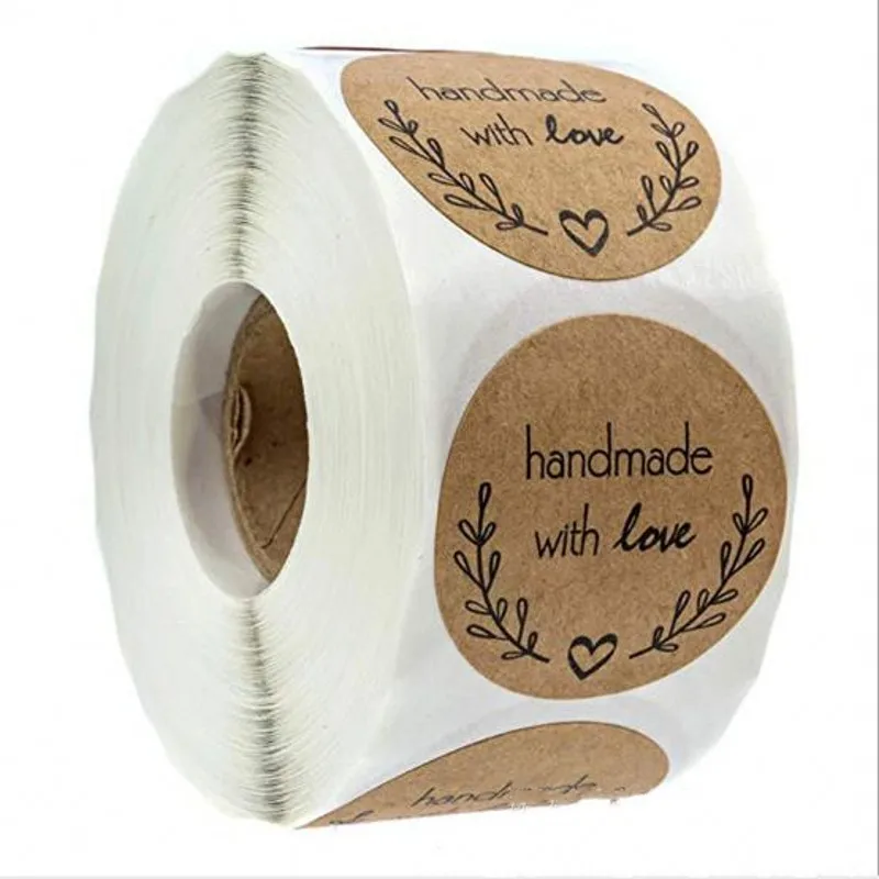 

500pcs "Handmade with Love" Kraft Stickers Seals Scrapbook DIY Craft Labels Round Scrapbooking Paper Labels Seal Stickers 1 inch