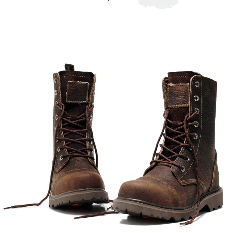 Genuine Leather Men's Round Toe Lace Up Mid-Calf Work Safety Ridding Boots Man Winter Outdoor Motorcycle Shoes safety shoes men shoes