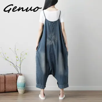 

Genuo Casual Drop Crotch Jumpsuits Women Plus Size Baggy Cross Rompers pants Washed Print denim Overalls Hip-Hop harem jeans