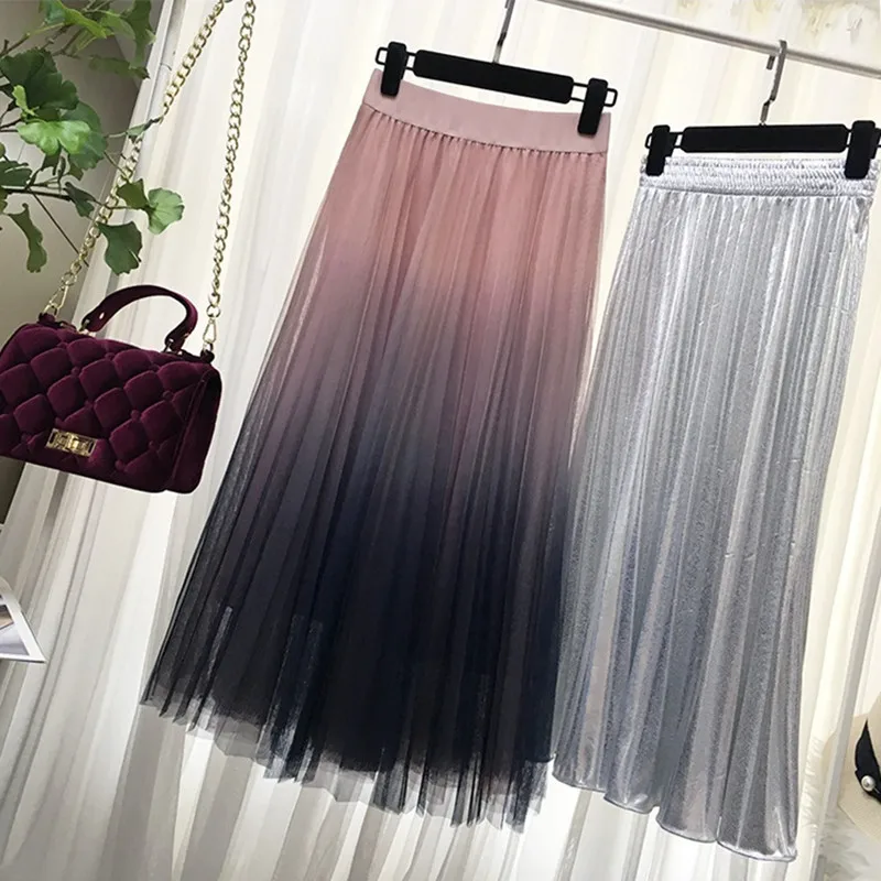 

Gogoyouth Long Tulle Skirt Women 2019 Spring Summer Gradient Korean Elegant High Waist A-line Pleated School Midi Skirt Female