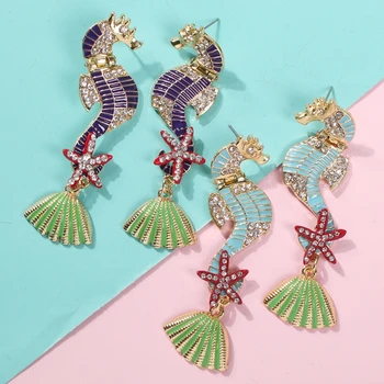 

Lalynnly New Fashion Seahorse Starfish Shell Drop Earrings Crystal Rhinestone Dangle Earrings Marine Life Ear Jewelry E63371