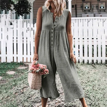 

Rompers Womens Jumpsuit 2019 Casual V Neck Sleeveless Button Playsuit Plus Size Wide Leg Pants Summer Overalls Gray Green Blue