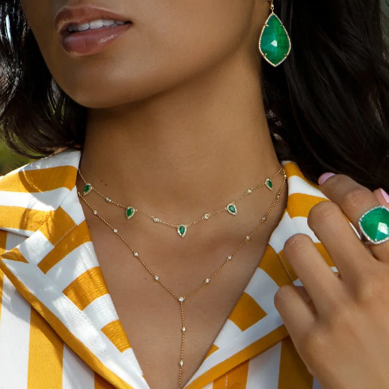 Богемные золотого цвета зеленый камень эффектное ожерелье-цепочка, чокер ювелирные изделия для женщин девушки элегантность подарок стильные ювелирные изделия