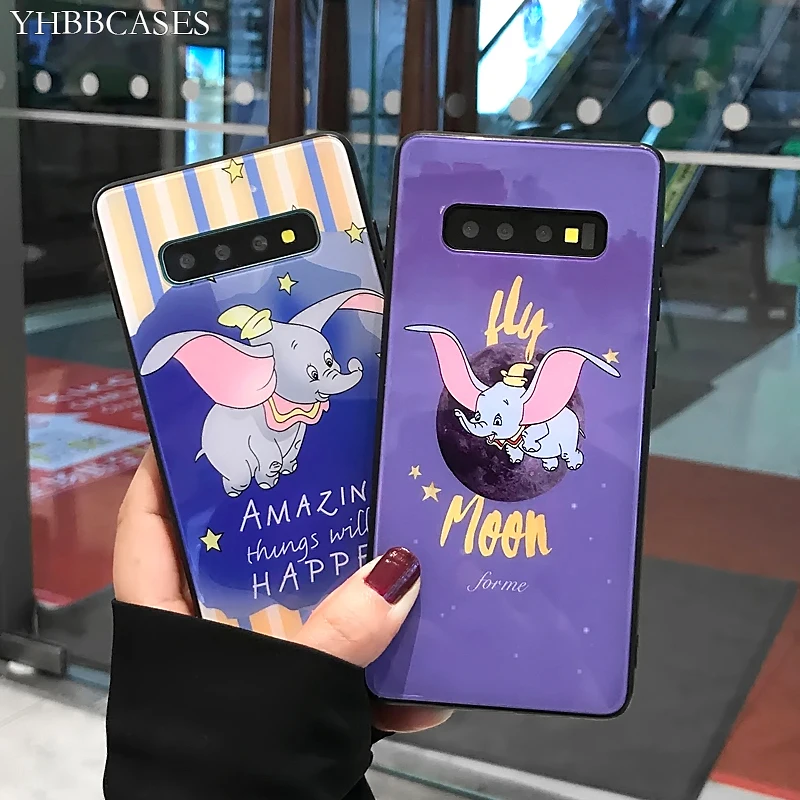 

YHBBCASES Cartoon Funny Dumbo Phone Cover For Samsung Galaxy S10 S8 S9 Plus Fashion Tempered Glass Cases For Samsung Note 8 9